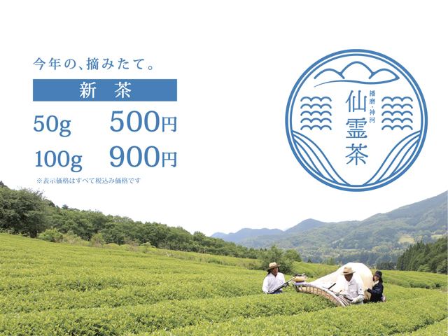 「仙霊茶」今年の、摘み立て　「新茶」　50g　500円、100g　900円(表示価格はすべて税込価格です)
